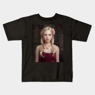 Cute Blonde Girl Posing Fashion Shootout with flowers and floral Kids T-Shirt